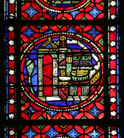 Window depicting Scene from the life of Saint Bonnet: the New Monastery at Menat, rebuilt after a fire and blessed by the saint by French School